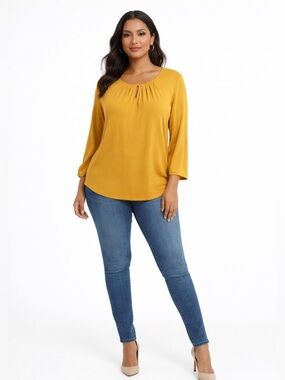 Jones New York Mustard Pleated Neck Blouse NWT XL Work Office Top